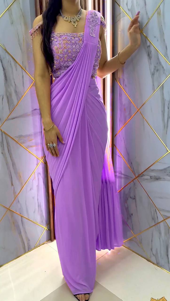 🌟Ready-to-Wear Faux Georgette Saree with Sequin Embroidery & Full-Stitched Blouse YNF