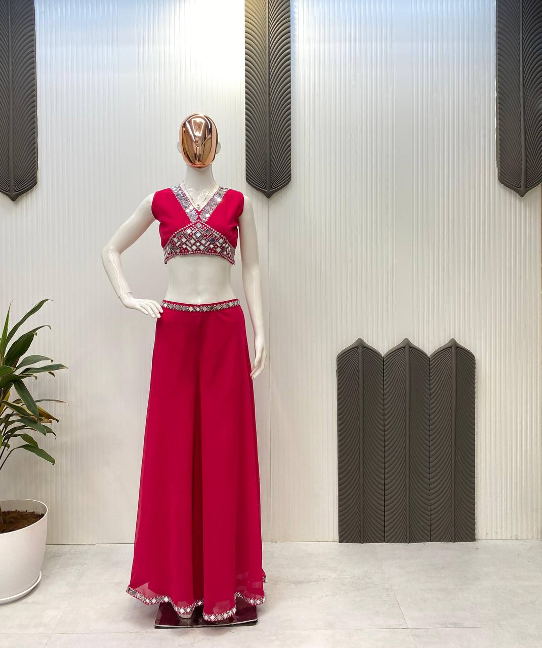 Designer Georgette 3-Piece Set with Mirror Work Shrug & Circular Plazzo | Elegant Ethnic Fusion Wear YNF