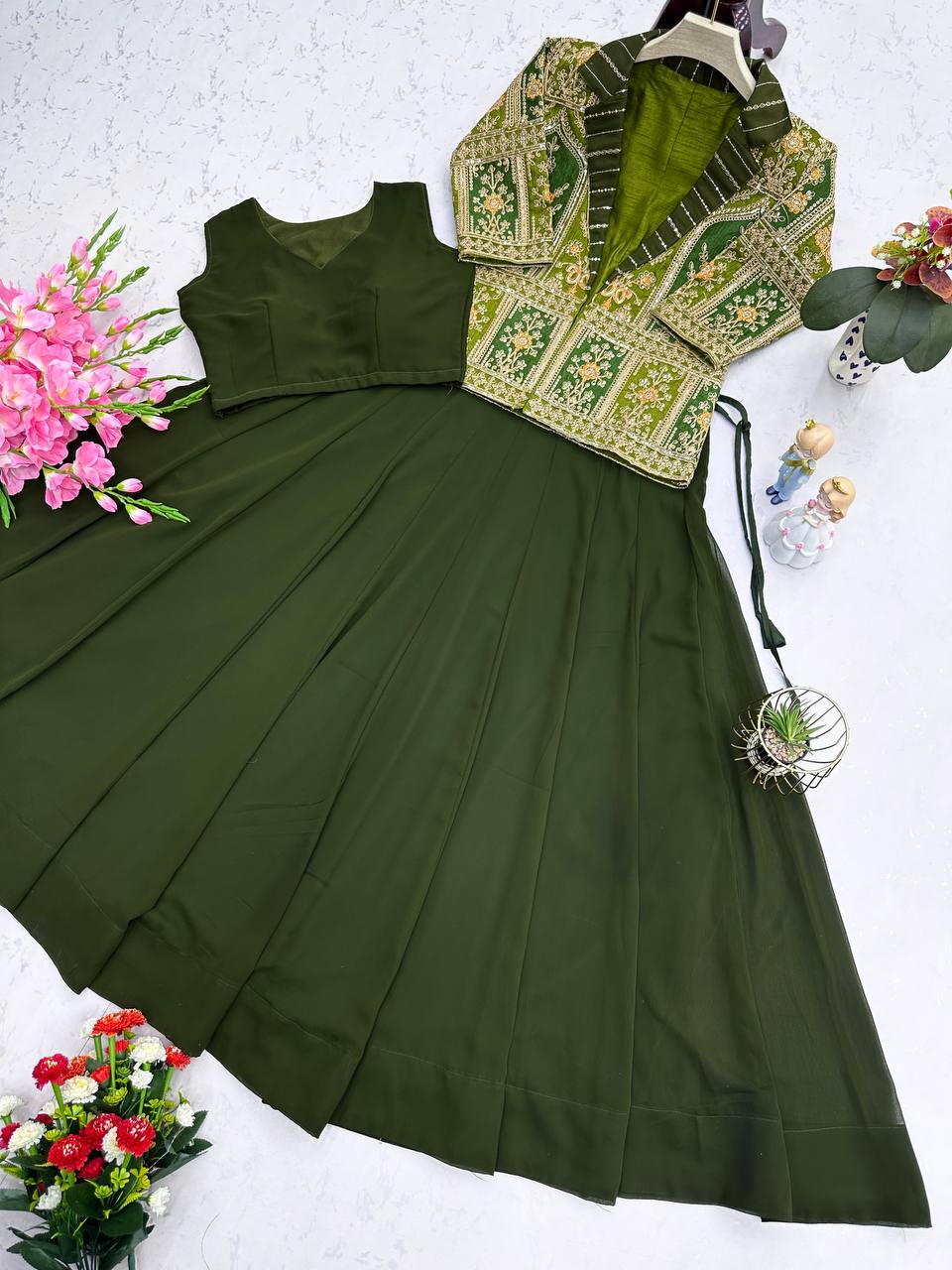 Embroidered Mono Silk Koti with Faux Georgette Lehenga & Choli – M to XXL YNF