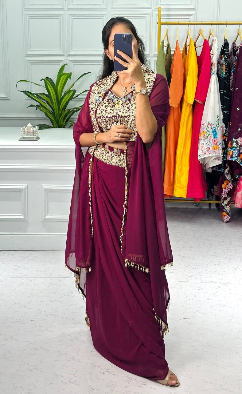 Designer Embroidered Georgette Sharara Set with Banglory Blouse & Shrug – Fully Stitched YNF