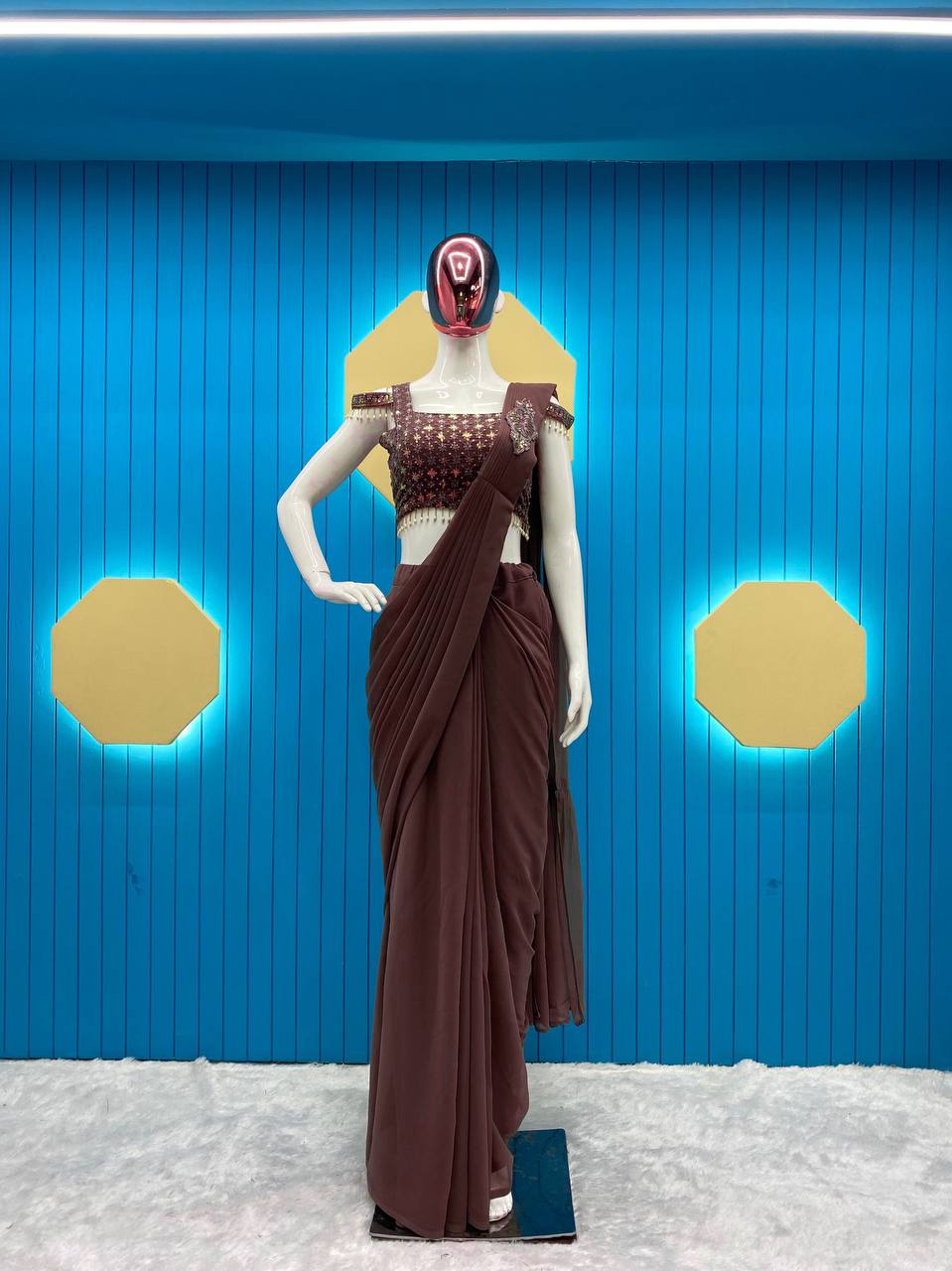 🌟Ready-to-Wear Faux Georgette Saree with Sequin Embroidery & Full-Stitched Blouse YNF