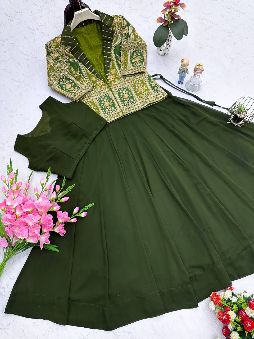 Embroidered Mono Silk Koti with Faux Georgette Lehenga & Choli – M to XXL YNF