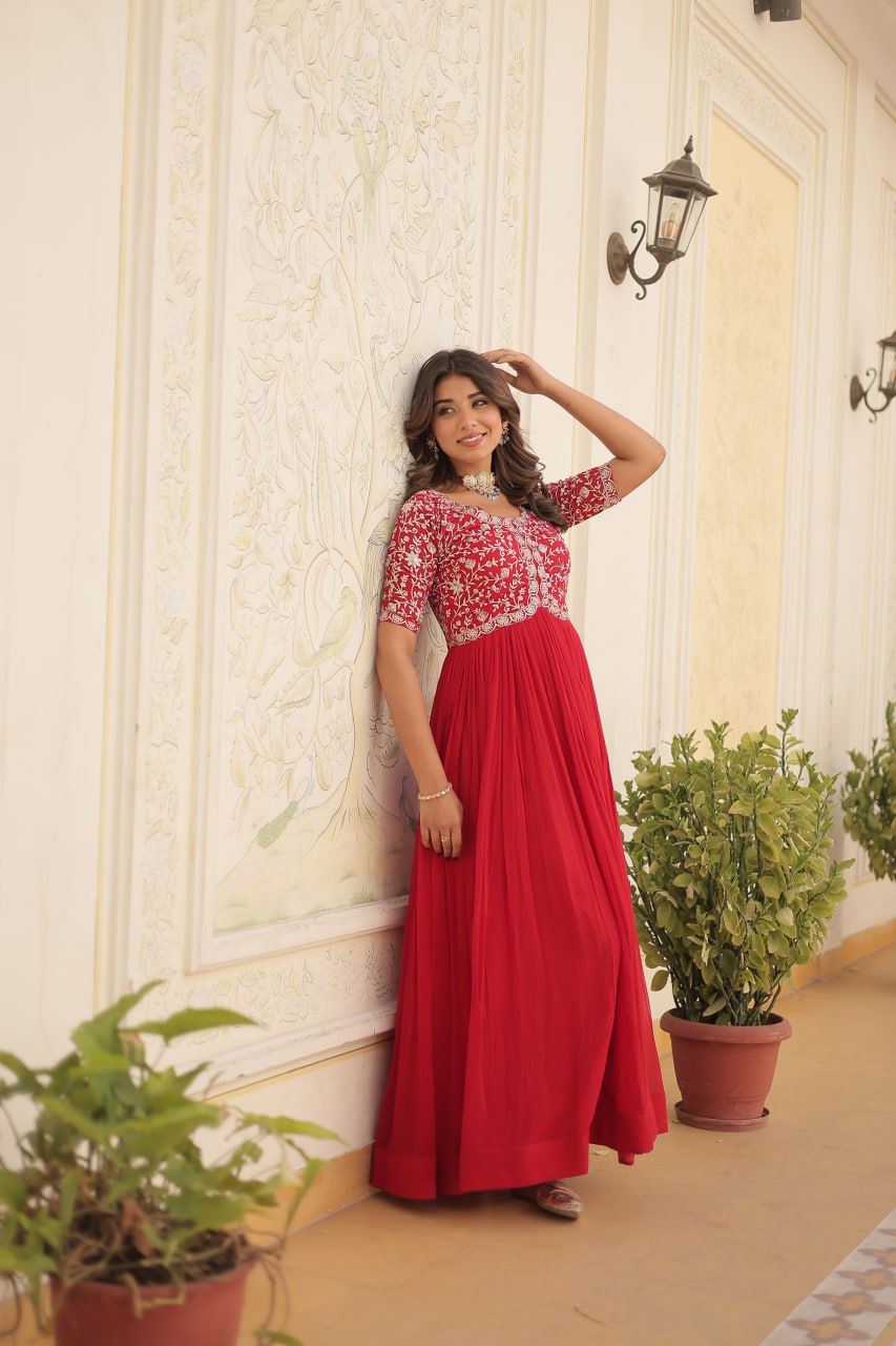 Embroidered Faux Blooming Gown – Zari & Sequin Work | Round Neck | Sizes M to XXL YNF