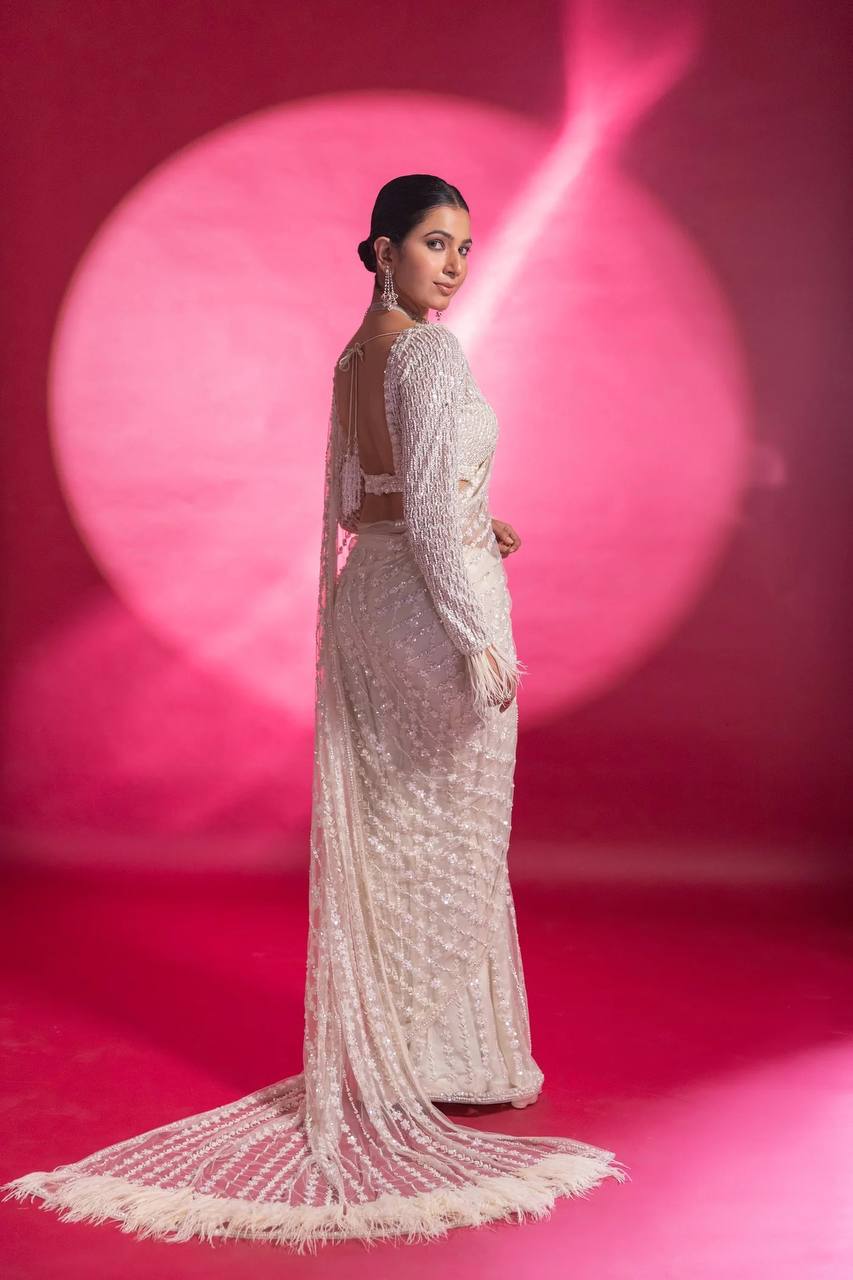 Designer Net Saree with Milky Rainbow Sequin & Thread Work, Satin Inner & Jhalar Border YNF