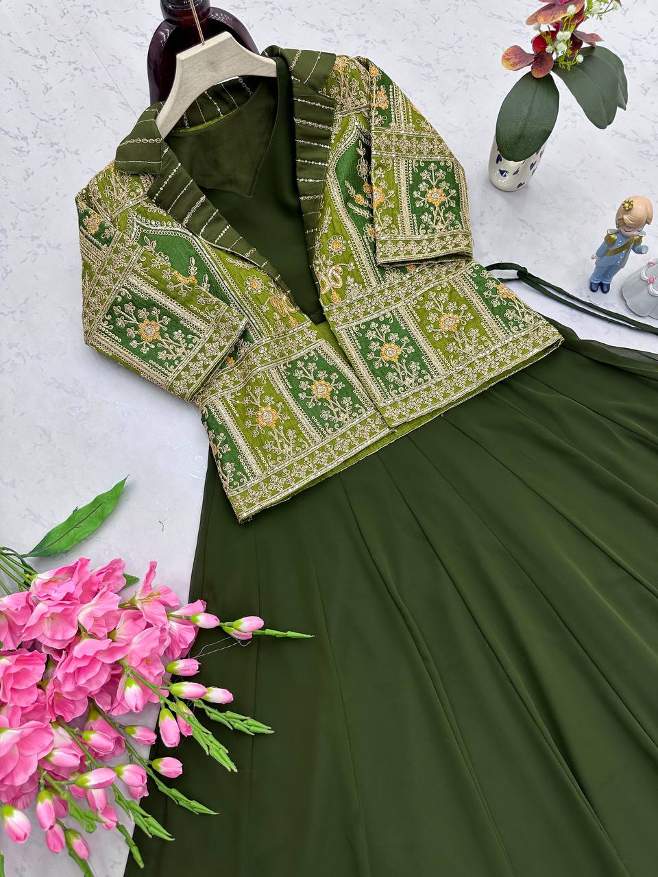 Embroidered Mono Silk Koti with Faux Georgette Lehenga & Choli – M to XXL YNF