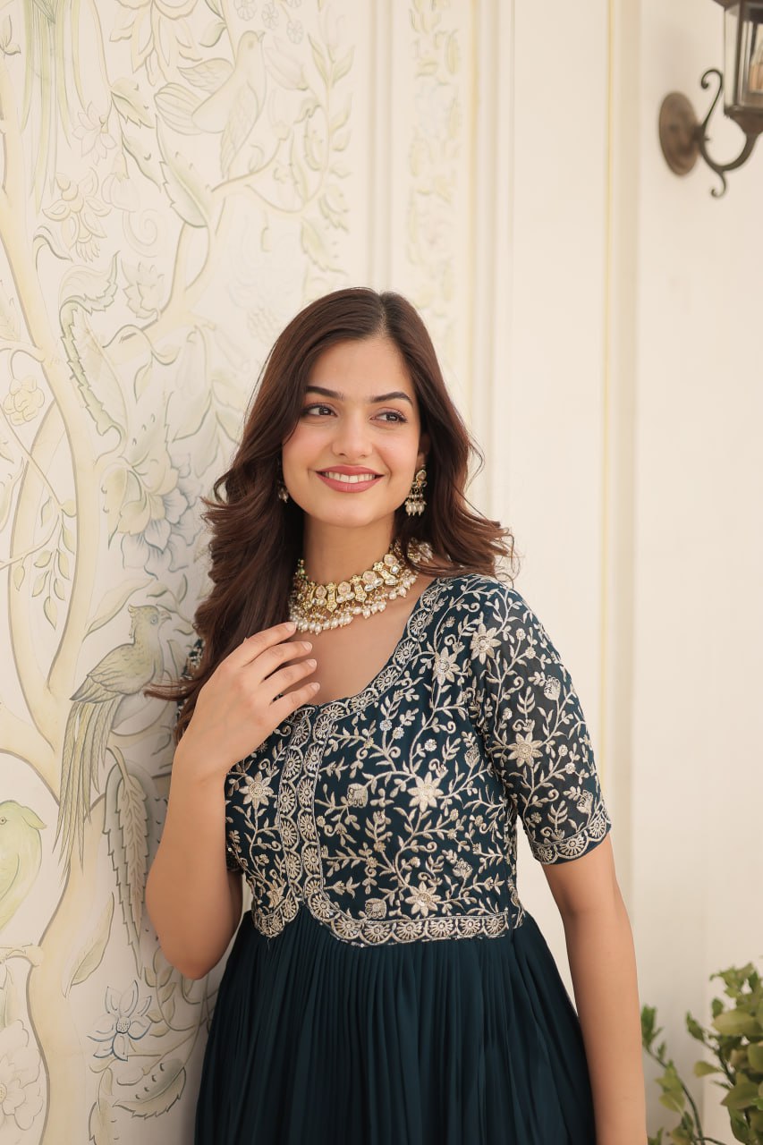 Embroidered Faux Blooming Gown – Zari & Sequin Work | Round Neck | Sizes M to XXL YNF