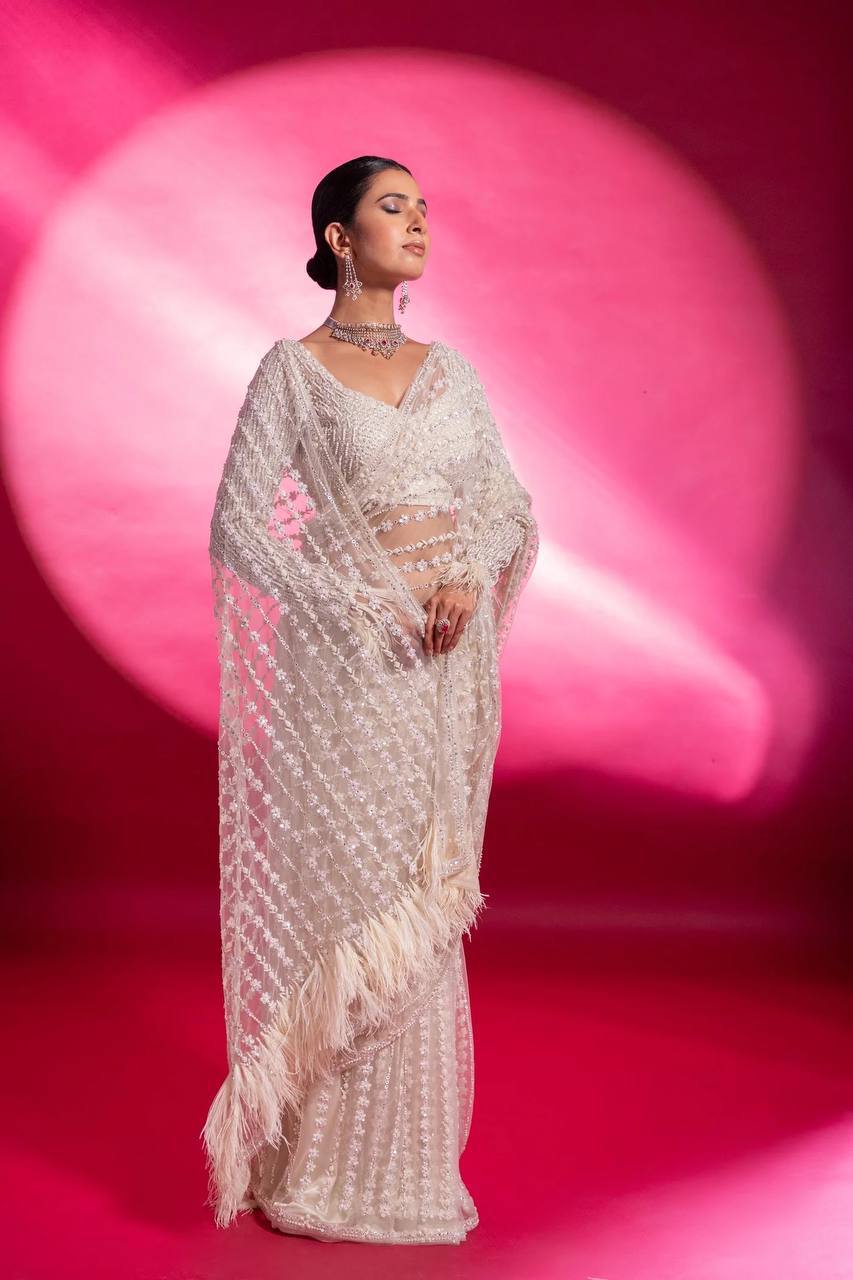 Designer Net Saree with Milky Rainbow Sequin & Thread Work, Satin Inner & Jhalar Border YNF