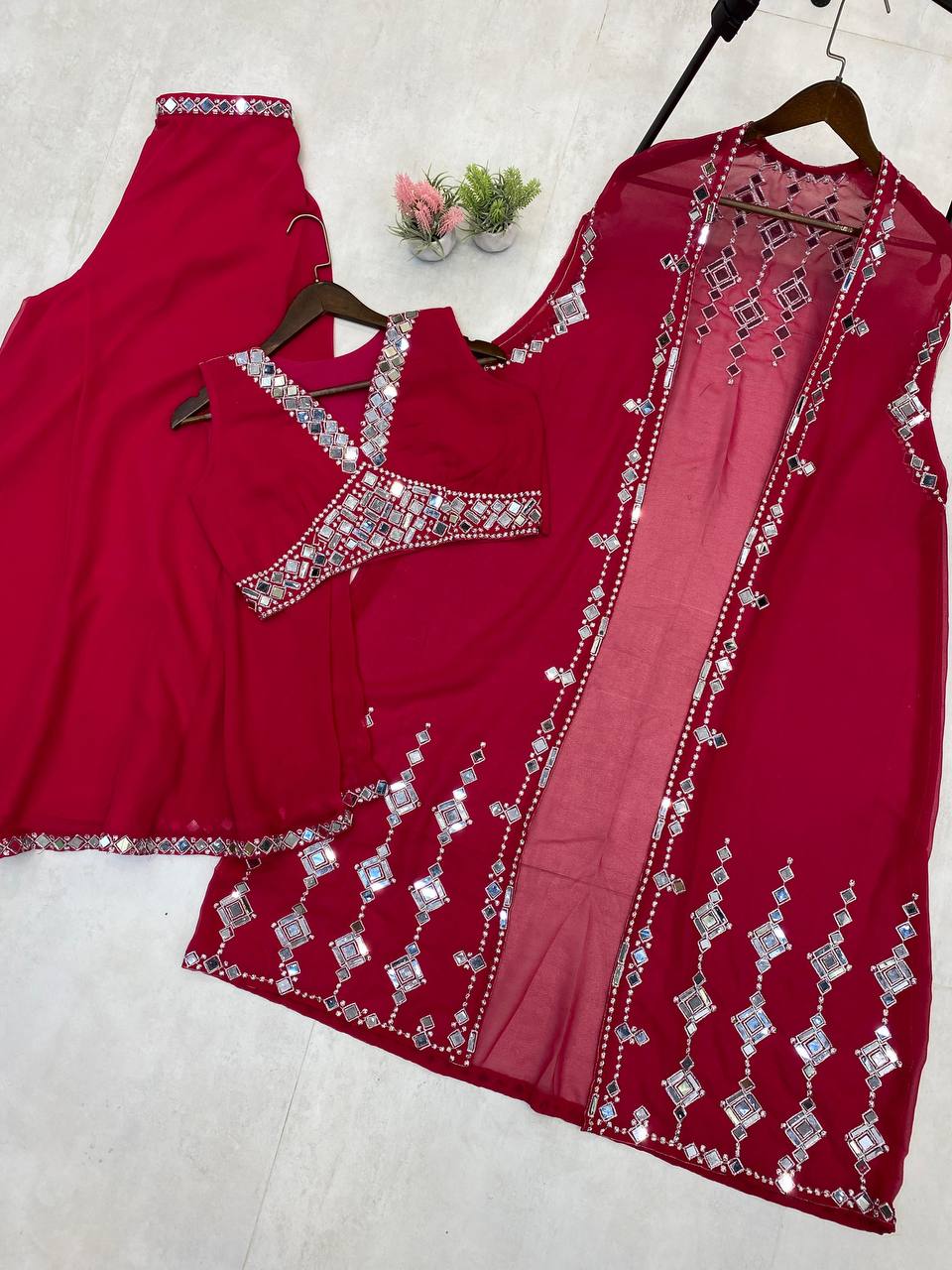 Designer Georgette 3-Piece Set with Mirror Work Shrug & Circular Plazzo | Elegant Ethnic Fusion Wear YNF