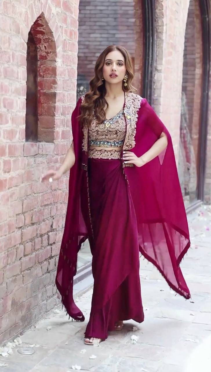 Designer Embroidered Georgette Sharara Set with Banglory Blouse & Shrug – Fully Stitched YNF