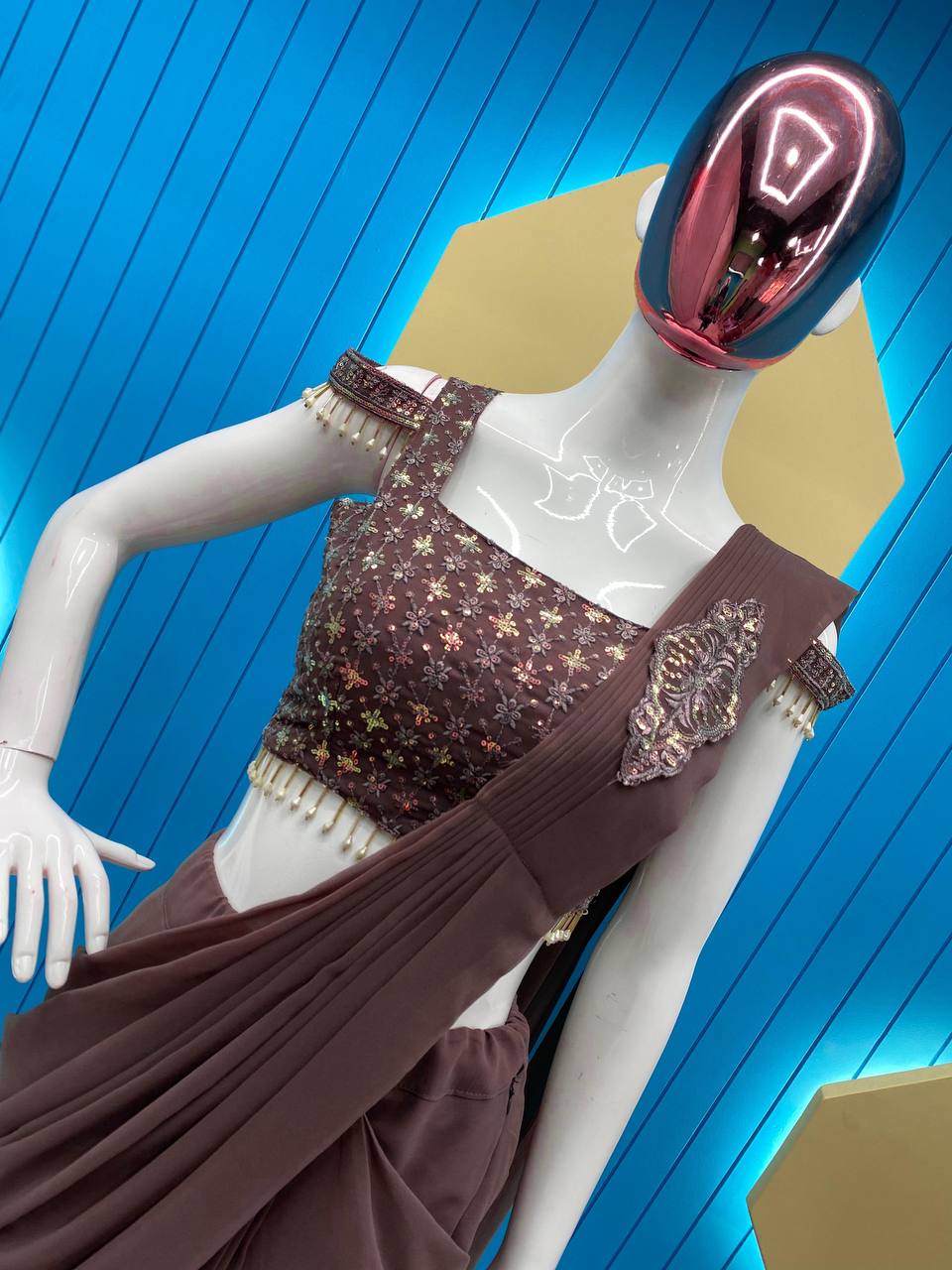 🌟Ready-to-Wear Faux Georgette Saree with Sequin Embroidery & Full-Stitched Blouse YNF