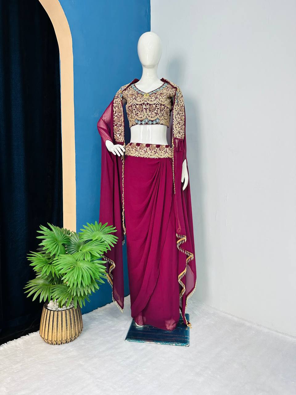 Designer Embroidered Georgette Sharara Set with Banglory Blouse & Shrug – Fully Stitched YNF