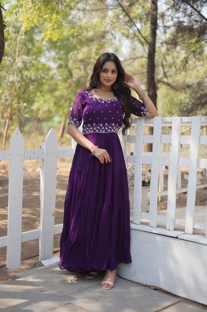 12-Meter Flair Faux Blooming Gown with Beads Embroidery – Round Neck | Sizes M to XXL YNF