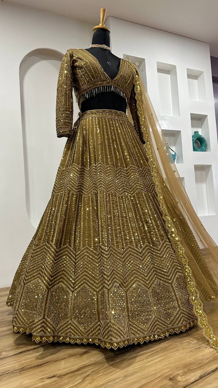 Kasturi Silk Georgette Lehenga Set with Sequins & Dori Work – 3 Piece Bridal Ensemble YNF
