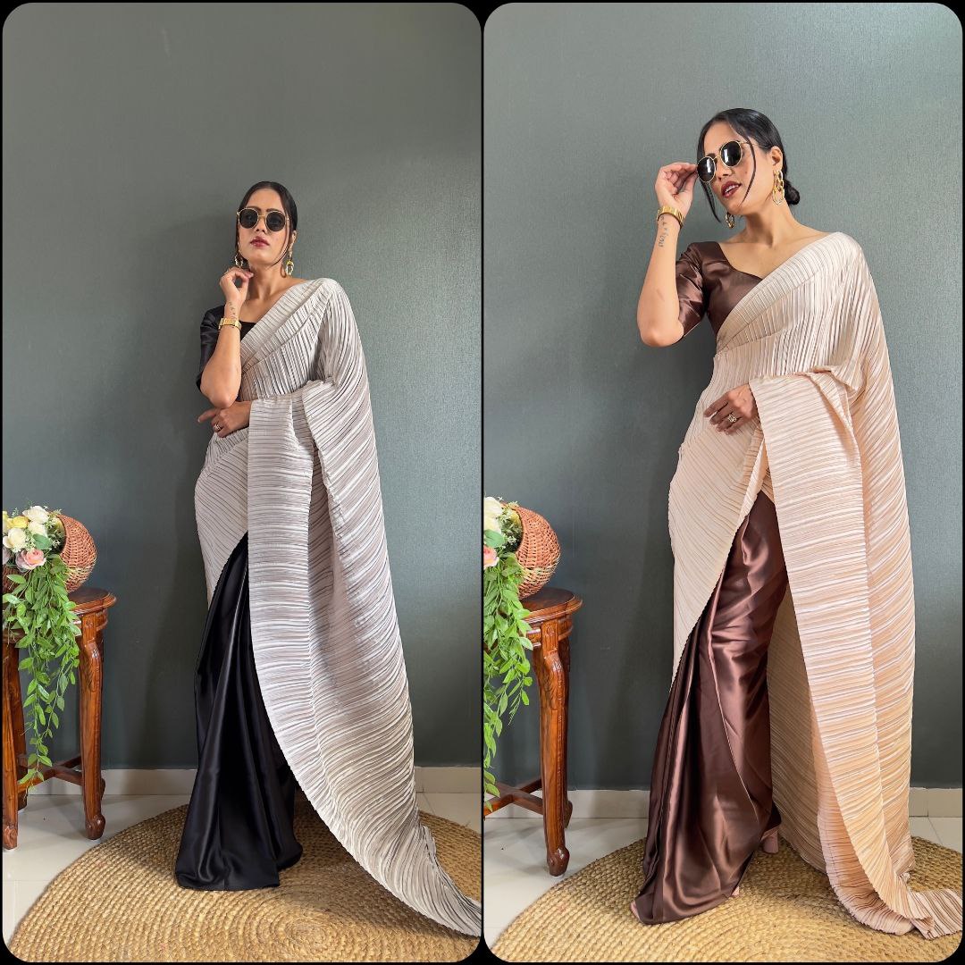Crush Plated Half-Half Ready-to-Wear Satin Saree – Premium Japan Satin with Plated Pallu YNF