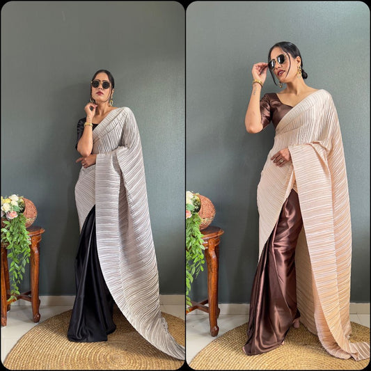 Crush Plated Half-Half Ready-to-Wear Satin Saree – Premium Japan Satin with Plated Pallu YNF