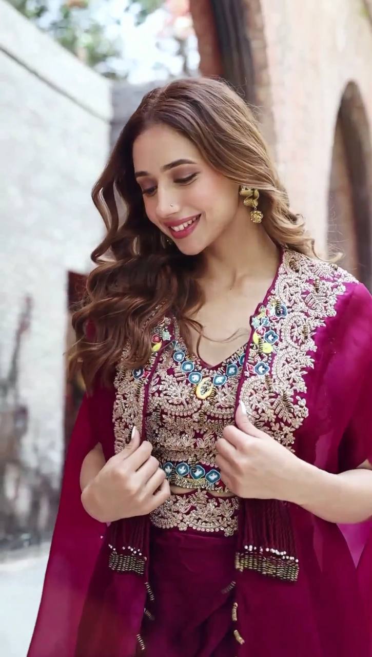 Designer Embroidered Georgette Sharara Set with Banglory Blouse & Shrug – Fully Stitched YNF
