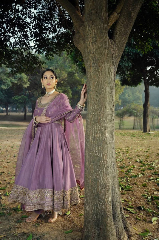 Embroidered Heavy Chinon Silk Gown Set with Organza Dupatta – M to XXL YNF