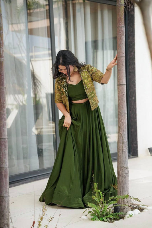 Embroidered Mono Silk Koti with Faux Georgette Lehenga & Choli – M to XXL YNF