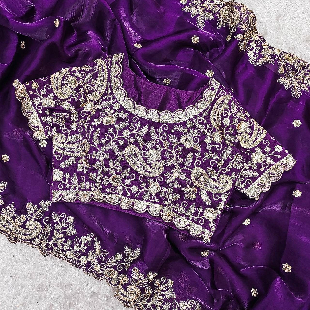 Premium Fendy Satin Sari with Heavy Embroidery Codding & Sequins Work + Unstitched Mono Banglory Silk Embroidered Blouse YNF