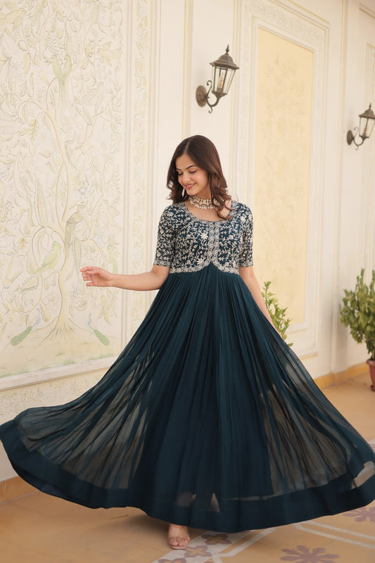 Embroidered Faux Blooming Gown – Zari & Sequin Work | Round Neck | Sizes M to XXL YNF