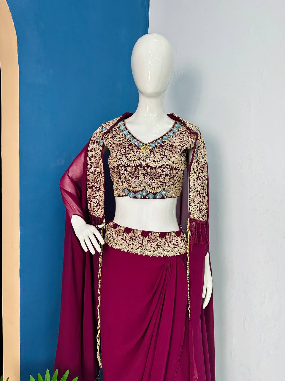 Designer Embroidered Georgette Sharara Set with Banglory Blouse & Shrug – Fully Stitched YNF