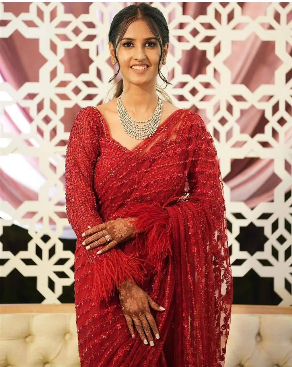 Designer Net Saree with Milky Rainbow Sequin & Thread Work, Satin Inner & Jhalar Border YNF