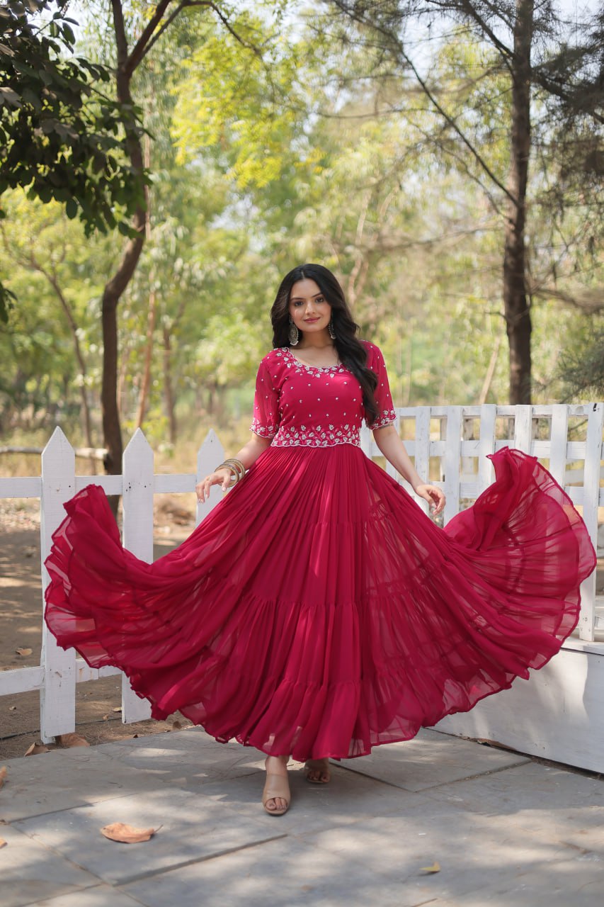 12-Meter Flair Faux Blooming Gown with Beads Embroidery – Round Neck | Sizes M to XXL YNF
