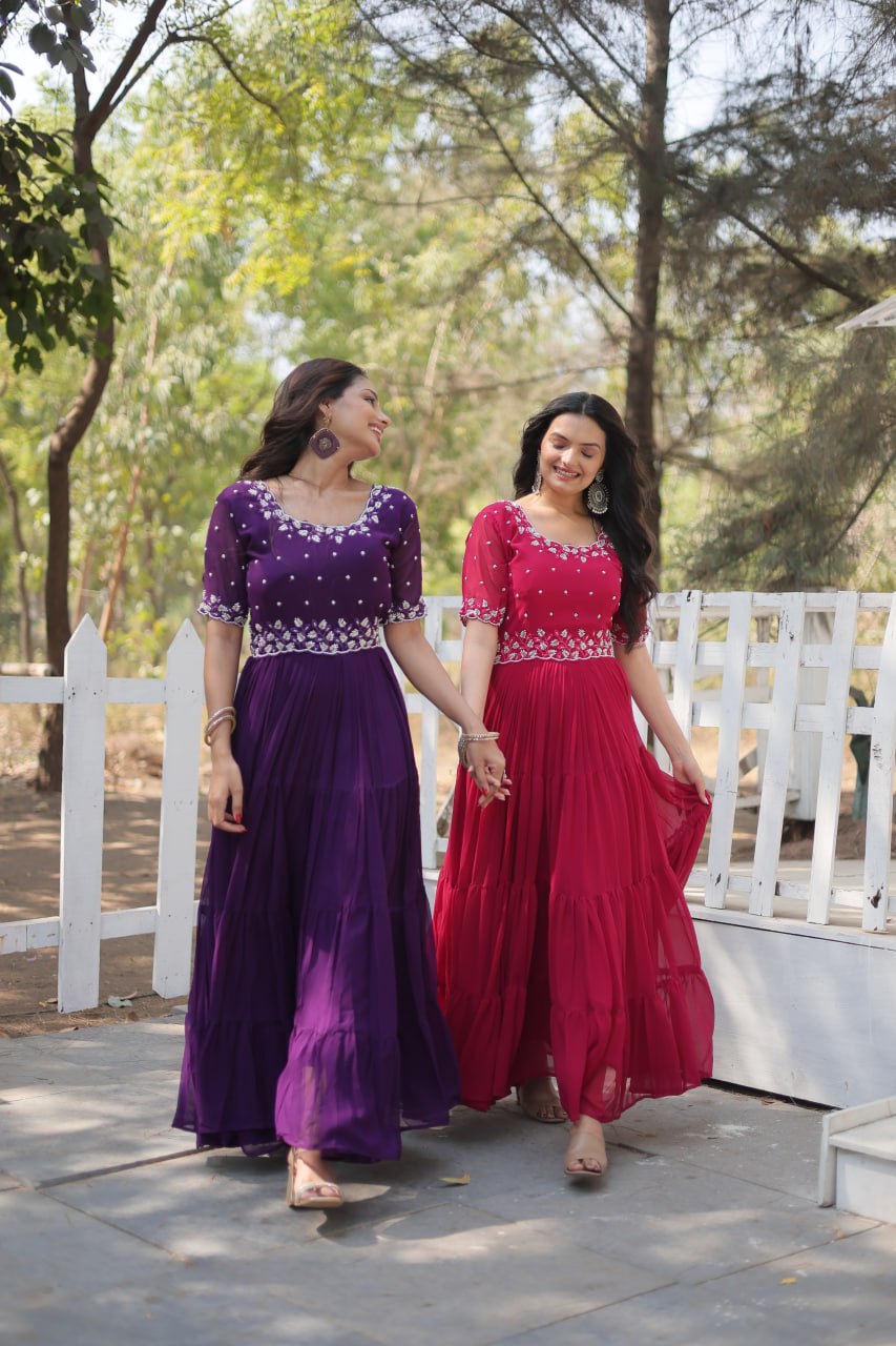 12-Meter Flair Faux Blooming Gown with Beads Embroidery – Round Neck | Sizes M to XXL YNF