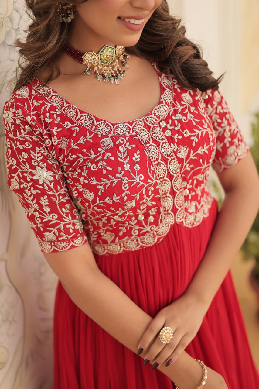 Embroidered Faux Blooming Gown – Zari & Sequin Work | Round Neck | Sizes M to XXL YNF