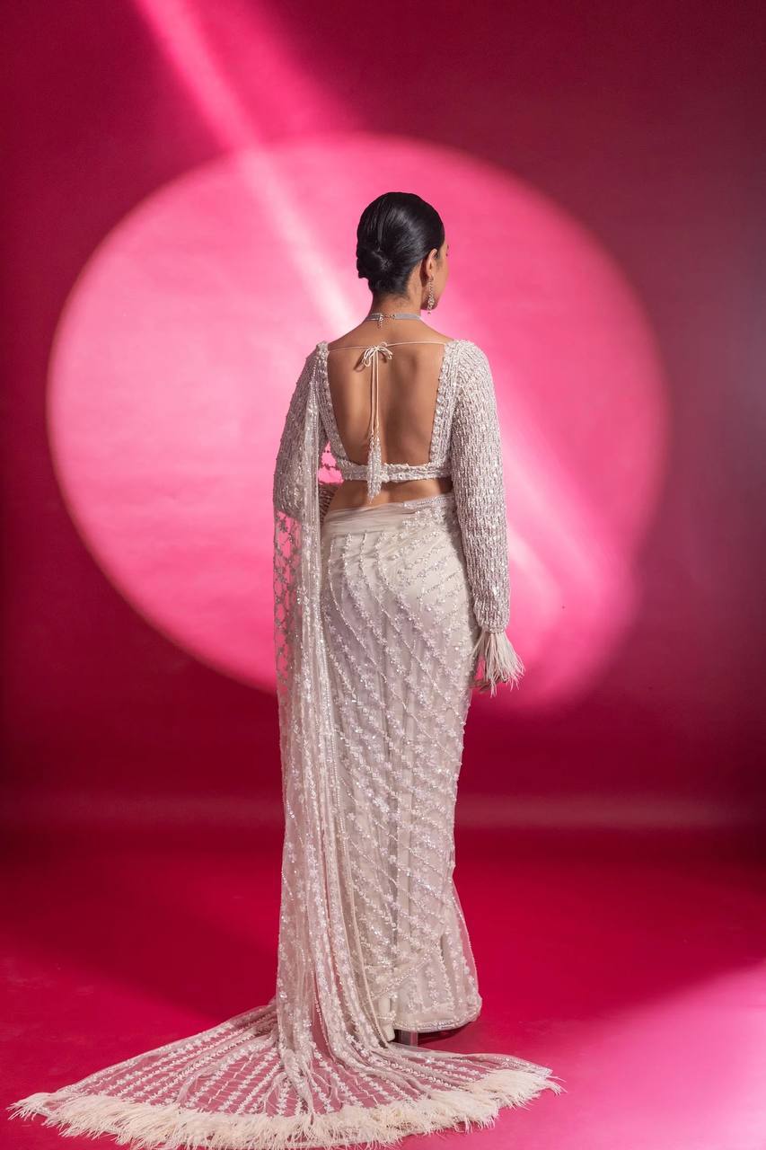 Designer Net Saree with Milky Rainbow Sequin & Thread Work, Satin Inner & Jhalar Border YNF