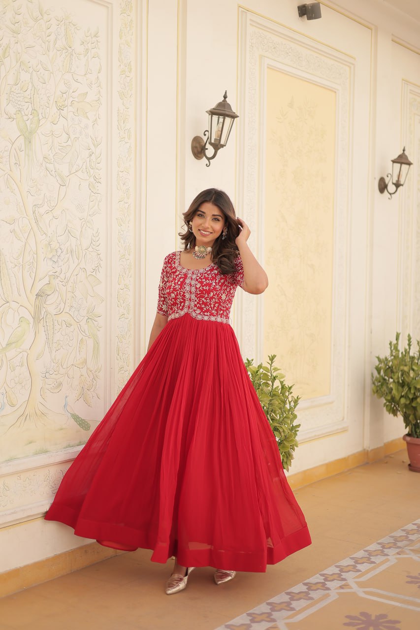 Embroidered Faux Blooming Gown – Zari & Sequin Work | Round Neck | Sizes M to XXL YNF