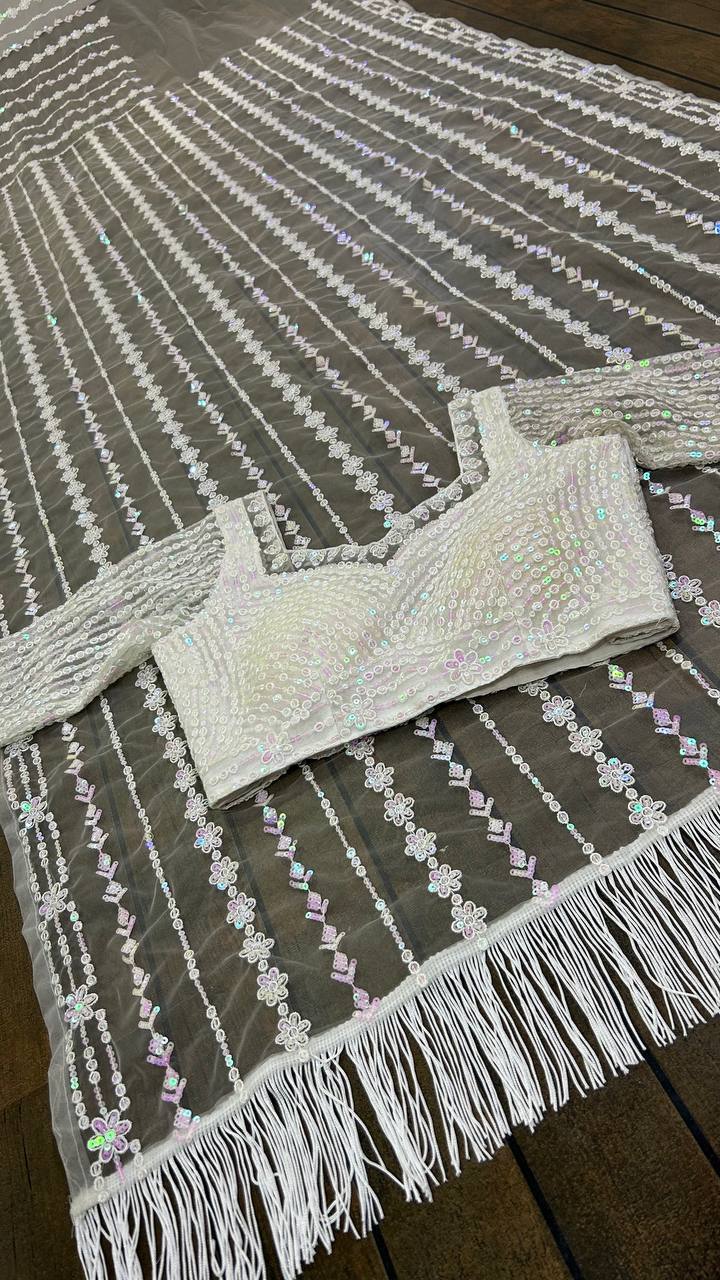 Designer Net Saree with Milky Rainbow Sequin & Thread Work, Satin Inner & Jhalar Border YNF