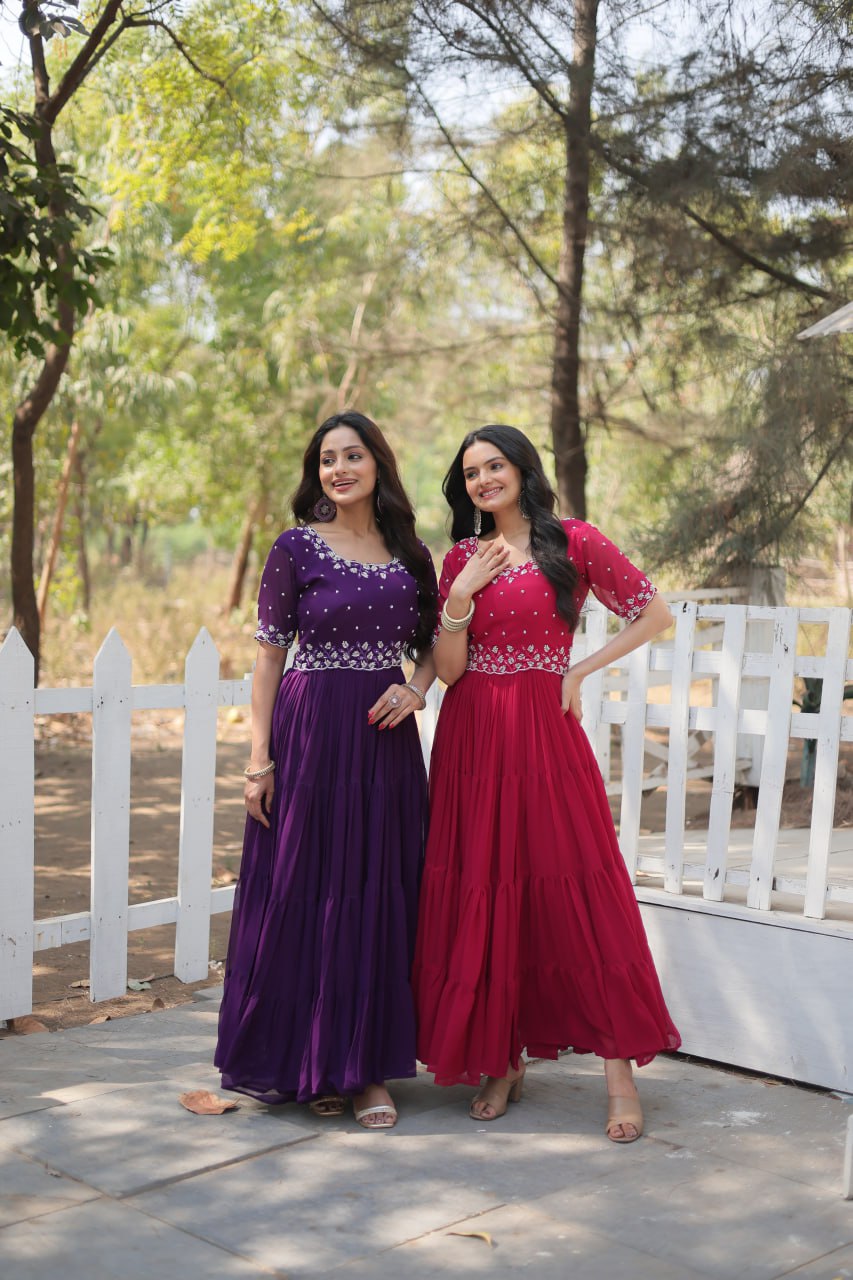 12-Meter Flair Faux Blooming Gown with Beads Embroidery – Round Neck | Sizes M to XXL YNF