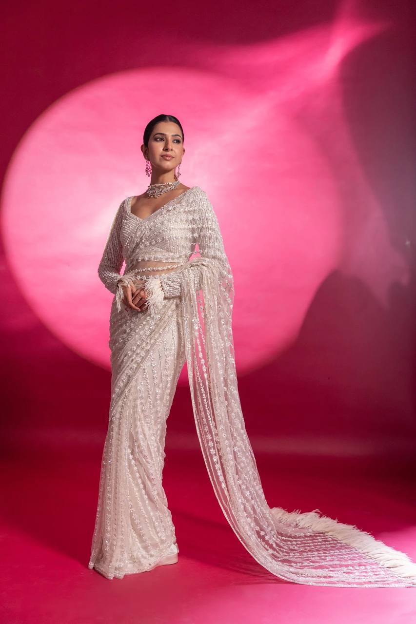 Designer Net Saree with Milky Rainbow Sequin & Thread Work, Satin Inner & Jhalar Border YNF