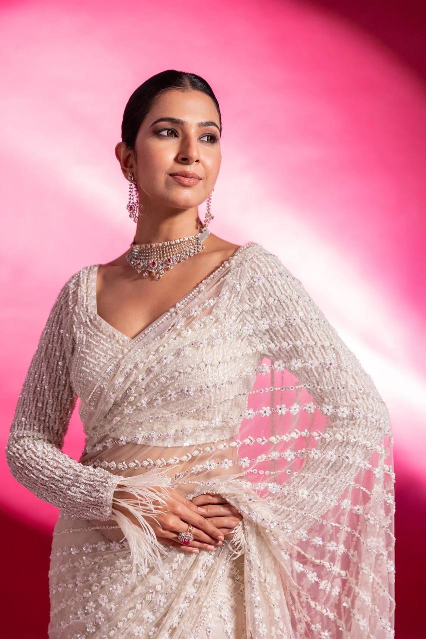 Designer Net Saree with Milky Rainbow Sequin & Thread Work, Satin Inner & Jhalar Border YNF
