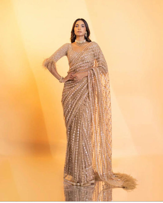 Designer Net Saree with Milky Rainbow Sequin & Thread Work, Satin Inner & Jhalar Border YNF