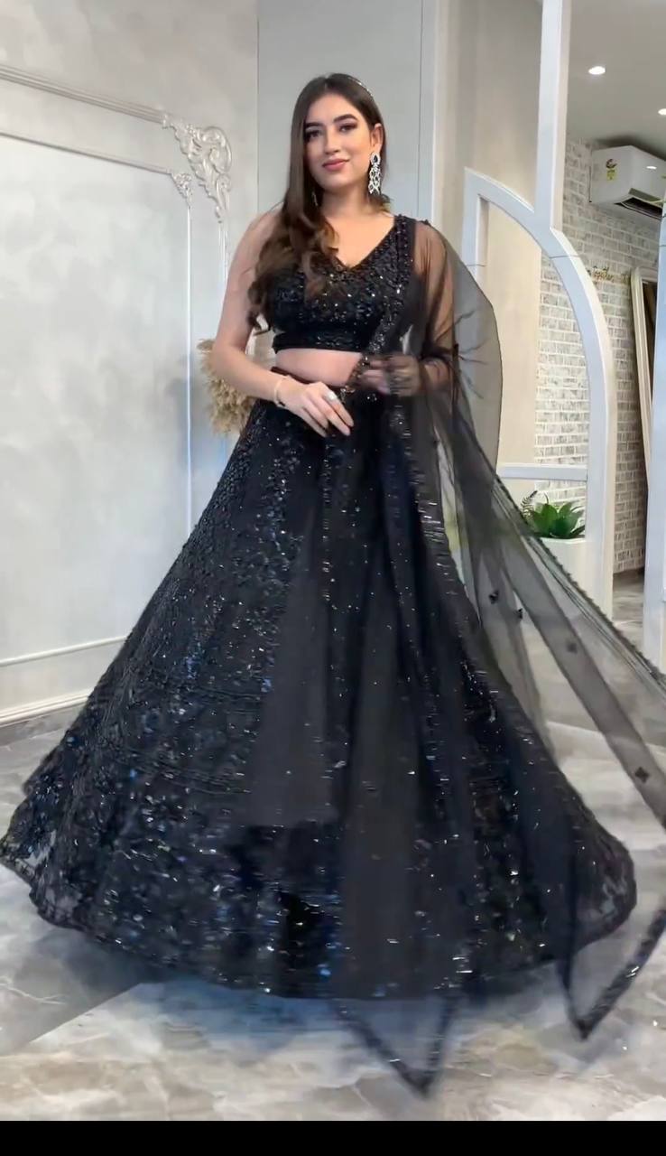Designer Net Lehenga Set with Dori & Sequin Work | 3.5m Flair | Unstitched Blouse & Dupatta YNF