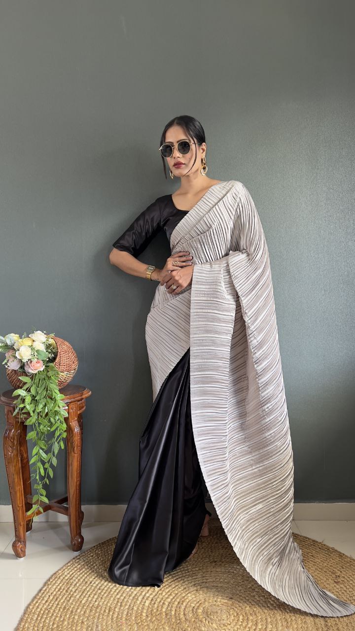 Crush Plated Half-Half Ready-to-Wear Satin Saree – Premium Japan Satin with Plated Pallu YNF