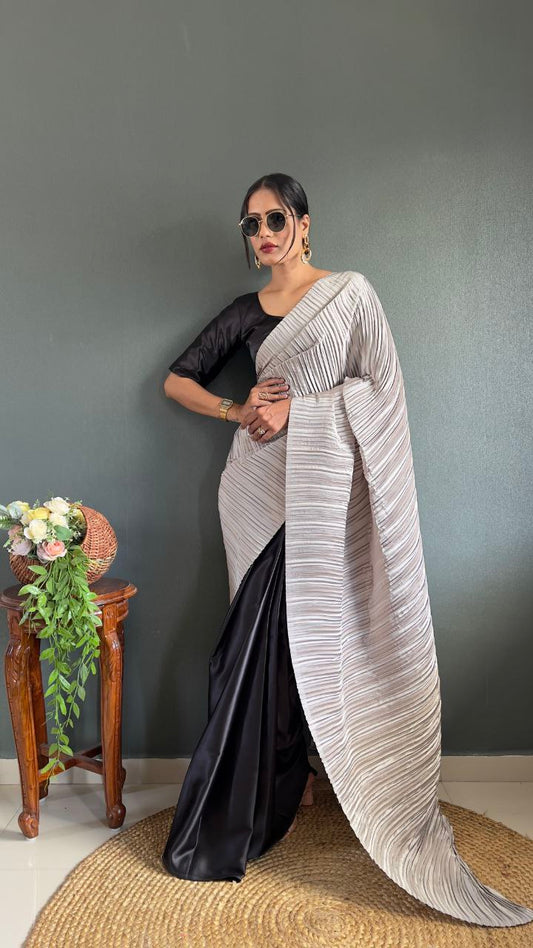 Crush Plated Half-Half Ready-to-Wear Satin Saree – Premium Japan Satin with Plated Pallu YNF