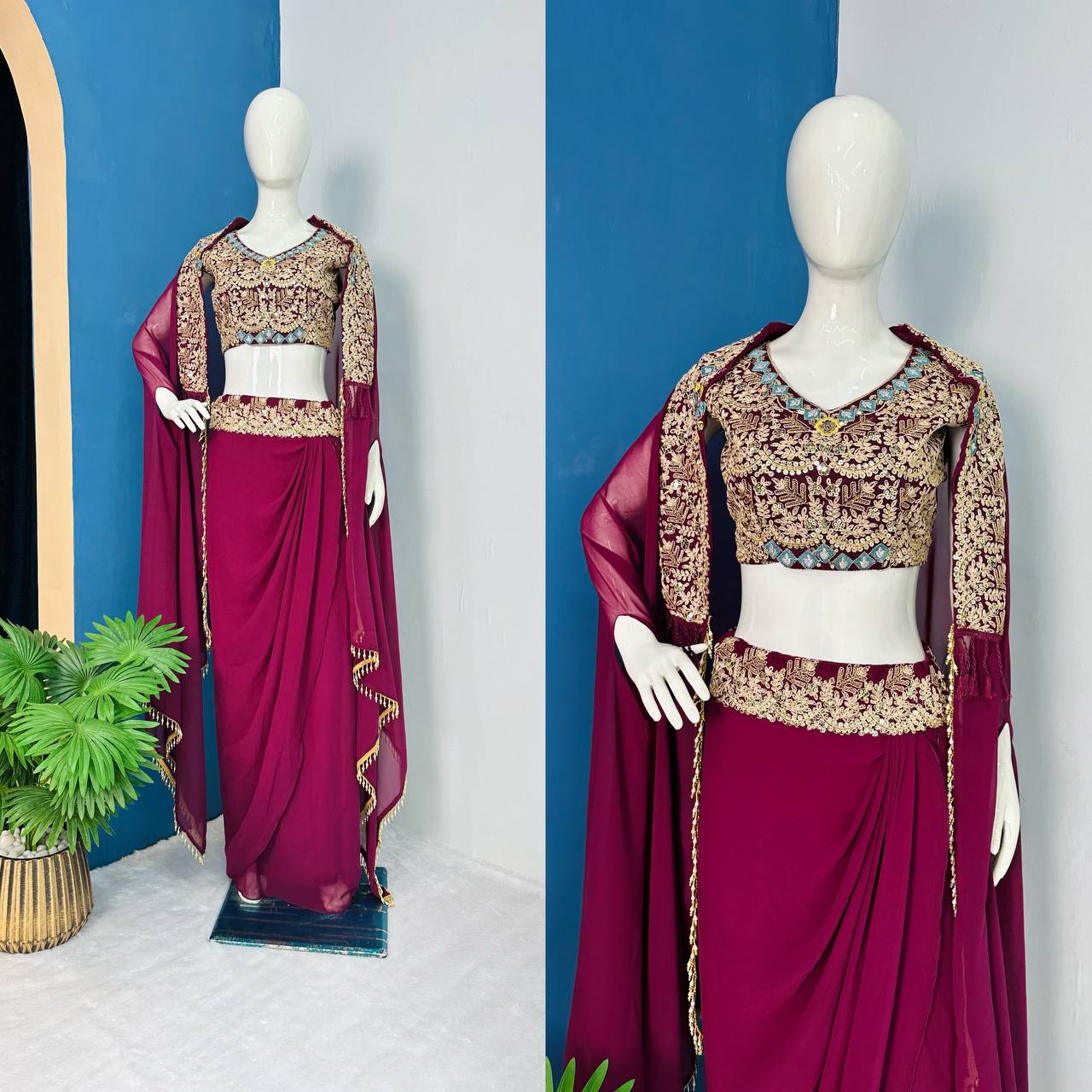 Designer Embroidered Georgette Sharara Set with Banglory Blouse & Shrug – Fully Stitched YNF