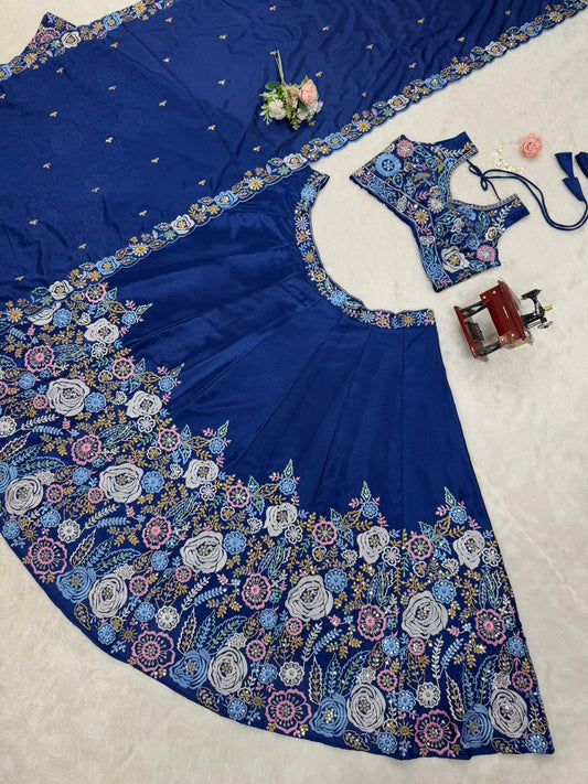 signer Heavy Chinon Silk Lehenga Set with Thread & Sequin Work | 4M Flare with Cancan | Unstitched Choli & Dupatta with Cutwork Border YNF