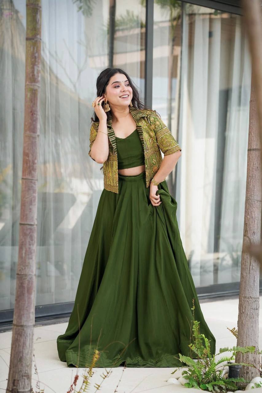 Embroidered Mono Silk Koti with Faux Georgette Lehenga & Choli – M to XXL YNF
