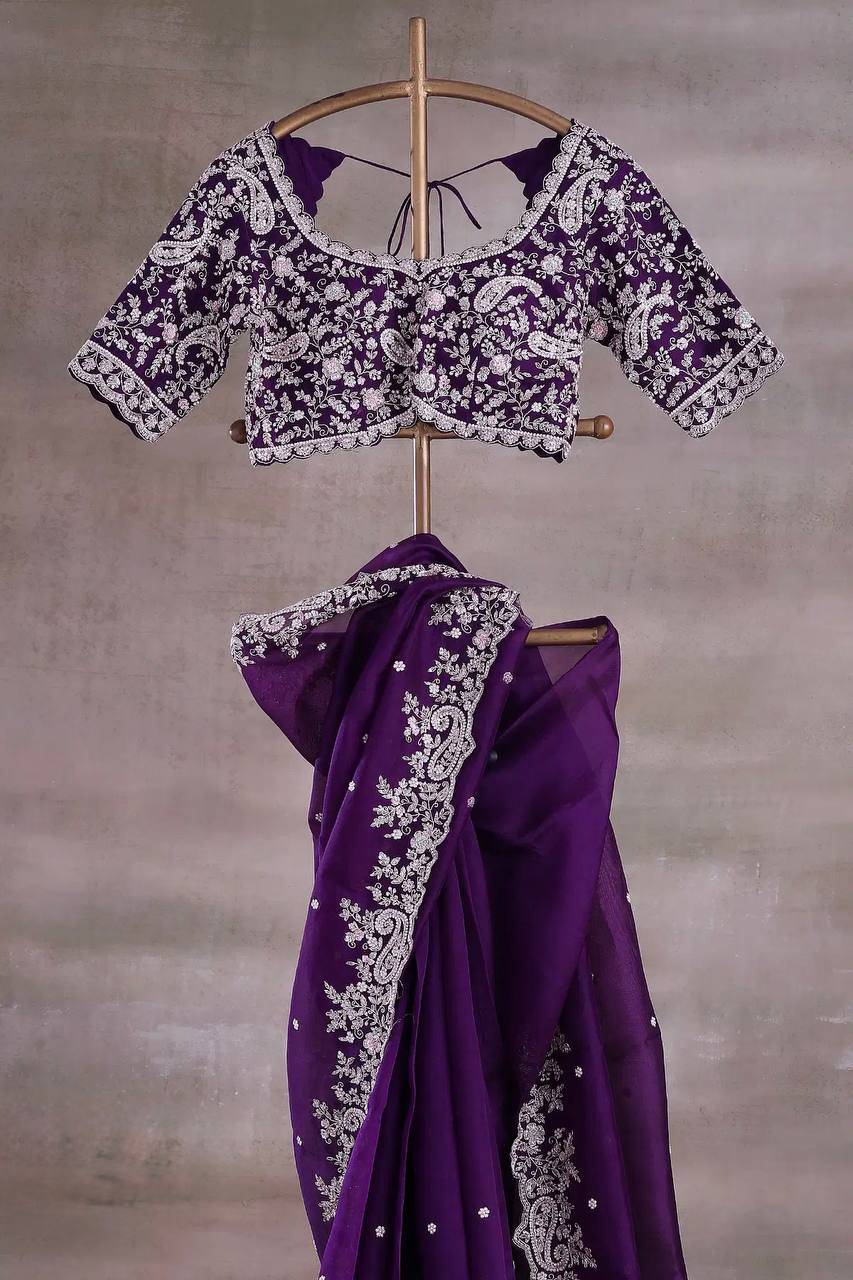 Premium Fendy Satin Sari with Heavy Embroidery Codding & Sequins Work + Unstitched Mono Banglory Silk Embroidered Blouse YNF