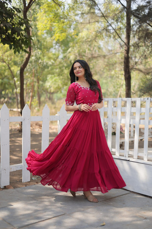 12-Meter Flair Faux Blooming Gown with Beads Embroidery – Round Neck | Sizes M to XXL YNF