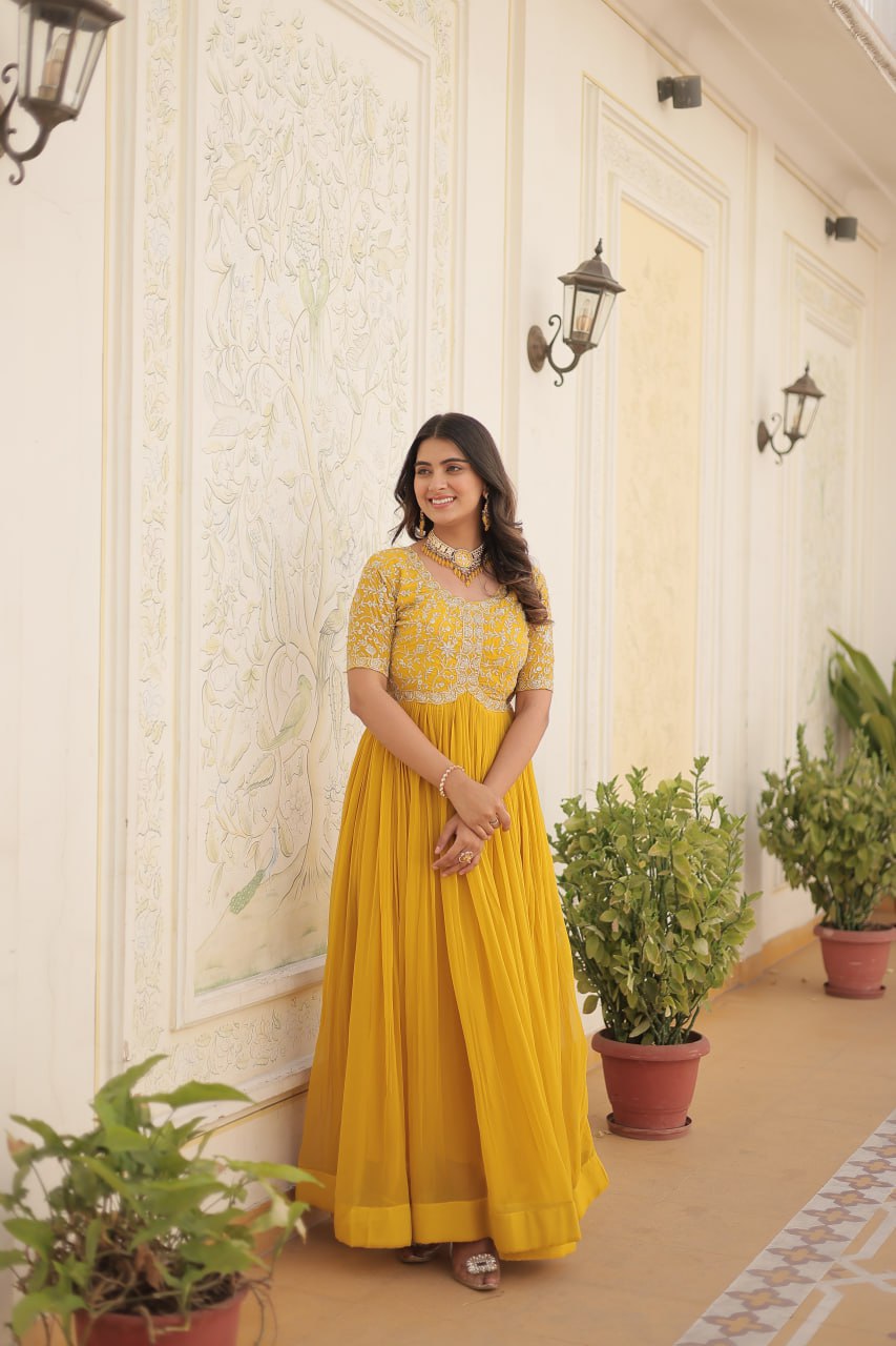 Embroidered Faux Blooming Gown – Zari & Sequin Work | Round Neck | Sizes M to XXL YNF