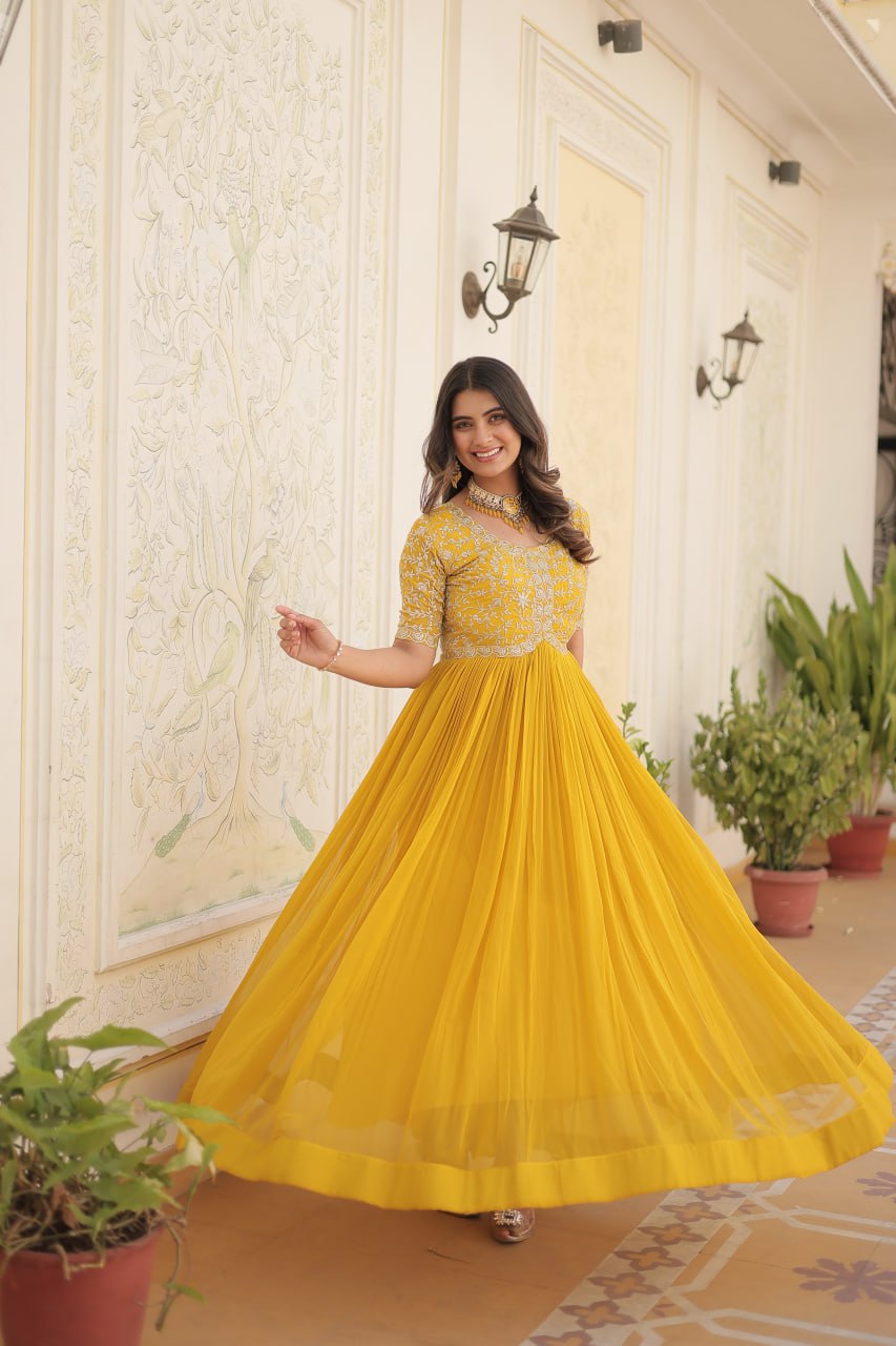 Embroidered Faux Blooming Gown – Zari & Sequin Work | Round Neck | Sizes M to XXL YNF