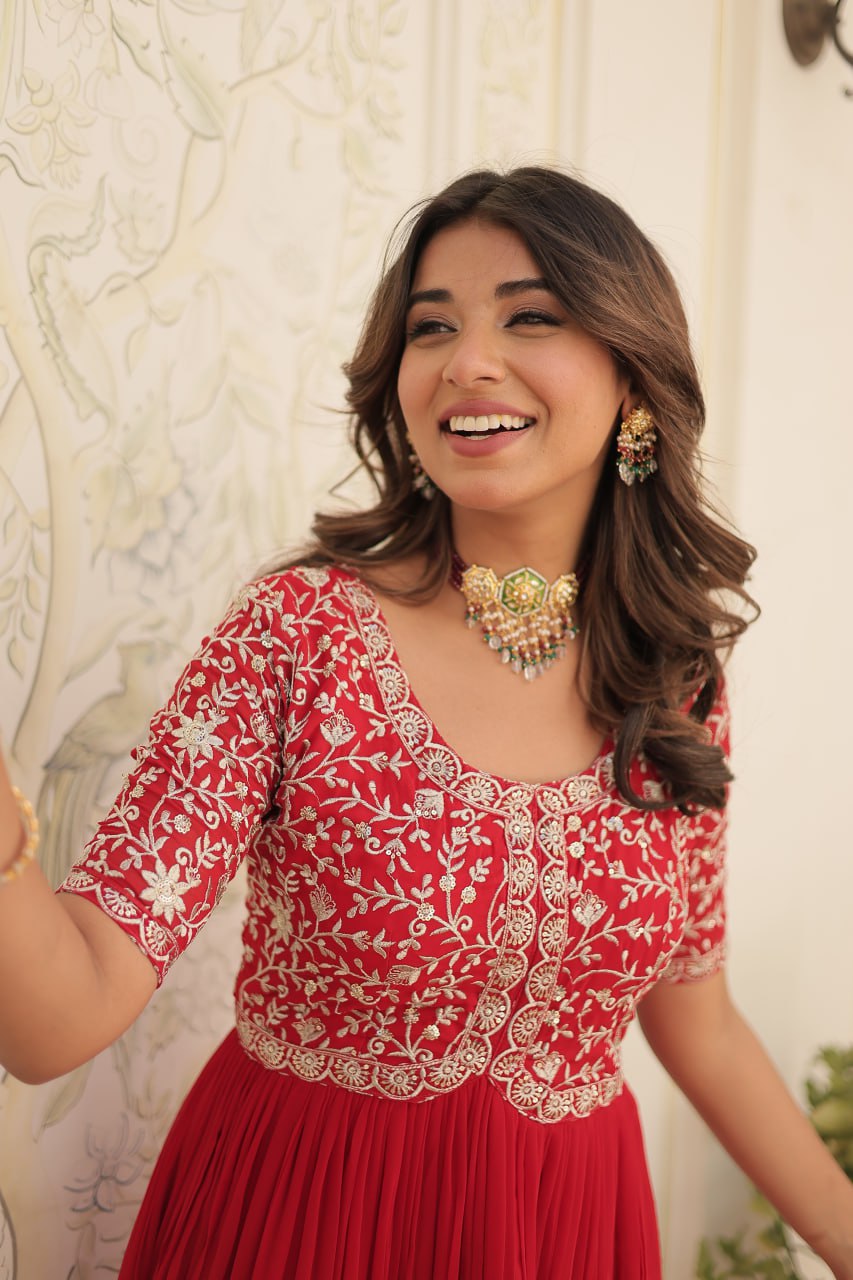 Embroidered Faux Blooming Gown – Zari & Sequin Work | Round Neck | Sizes M to XXL YNF