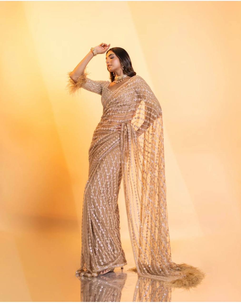 Designer Net Saree with Milky Rainbow Sequin & Thread Work, Satin Inner & Jhalar Border YNF