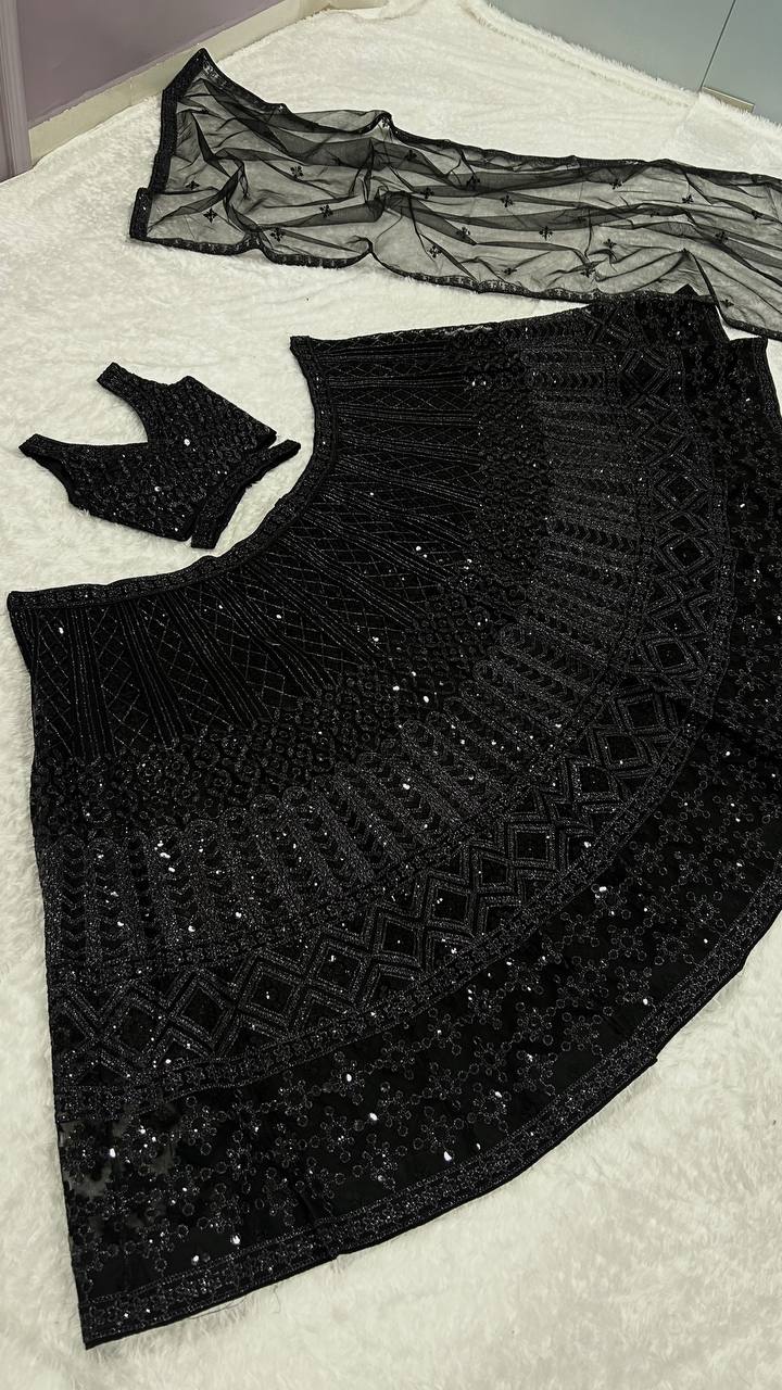 Designer Net Lehenga Set with Dori & Sequin Work | 3.5m Flair | Unstitched Blouse & Dupatta YNF
