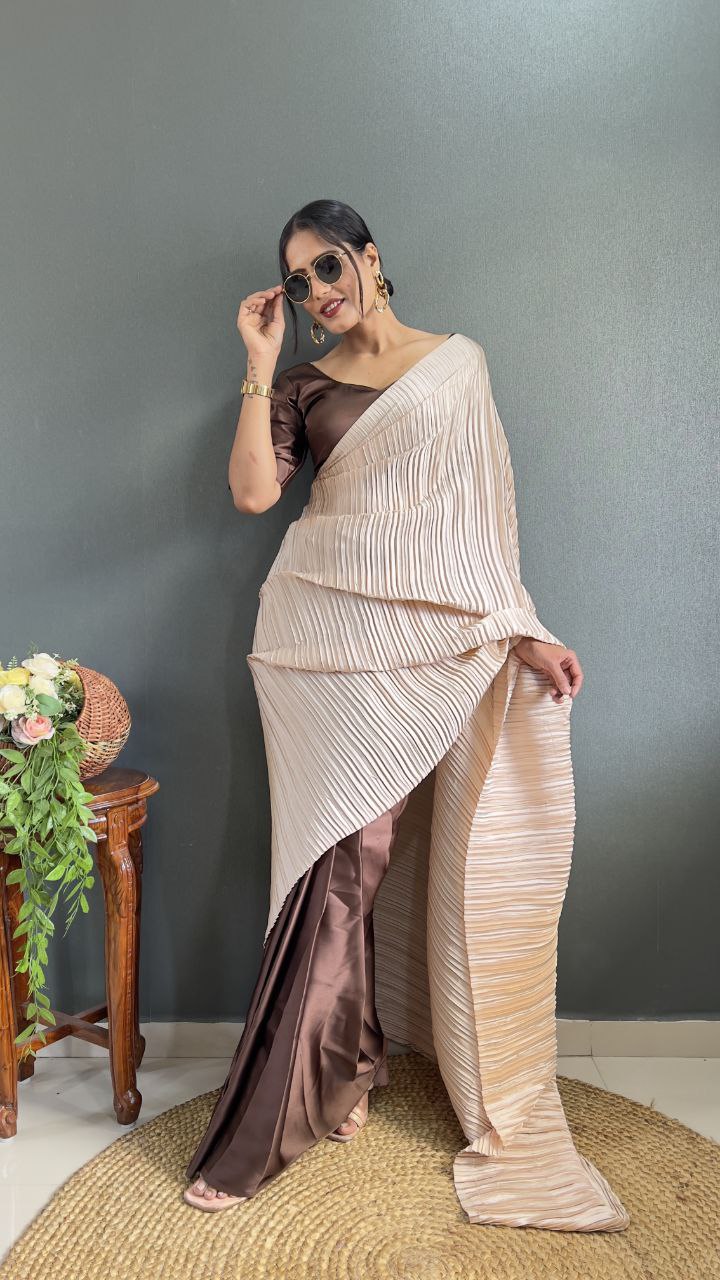 Crush Plated Half-Half Ready-to-Wear Satin Saree – Premium Japan Satin with Plated Pallu YNF